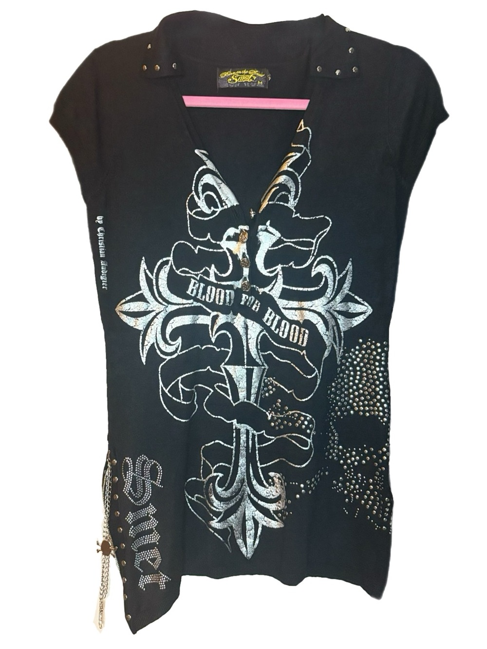 Vintage Smet by Christian Audigier Black & Silver Skull Dress w/ Studs and Chain